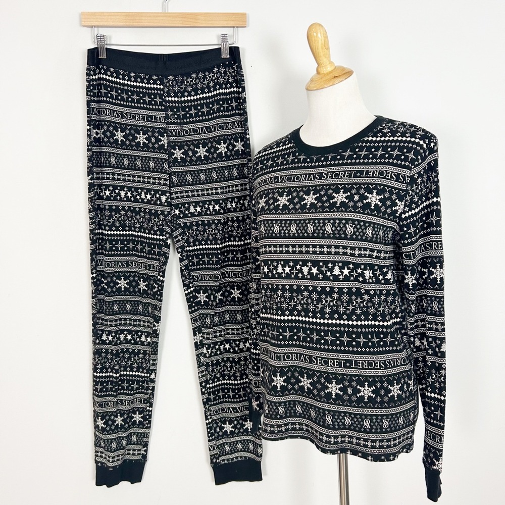 Victoria's Secret Thermal Pajama Set Black White Fair Isle Holiday Size Medium